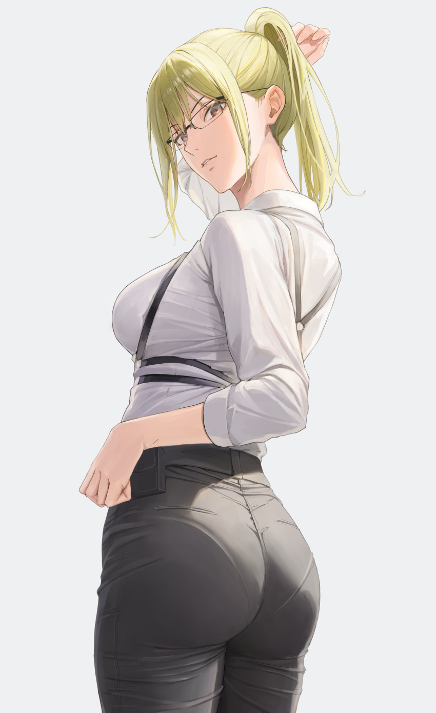 1girl absurdres ano_(gccx8784) ass black_pants blonde_hair breasts chest_harness commentary_request glasses harness highres looking_at_viewer looking_back medium_breasts original pants pantylines ponytail shirt sidelocks simple_background solo white_background white_shirt