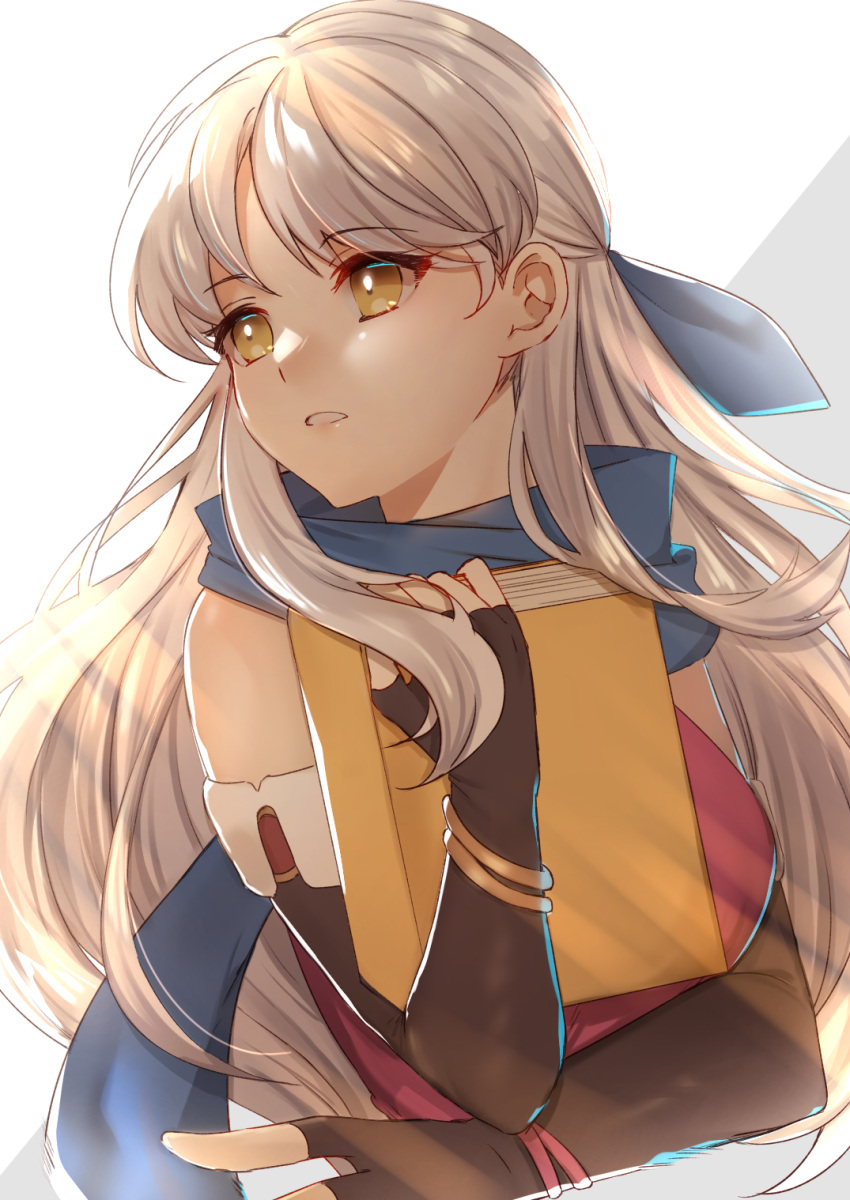 1girl black_gloves blonde_hair blue_scarf book commentary_request edamameoka elbow_gloves fingerless_gloves fire_emblem fire_emblem:_radiant_dawn gloves grey_hair hair_ribbon highres holding holding_book long_hair looking_to_the_side micaiah_(fire_emblem) ribbon scarf side_slit simple_background solo white_background