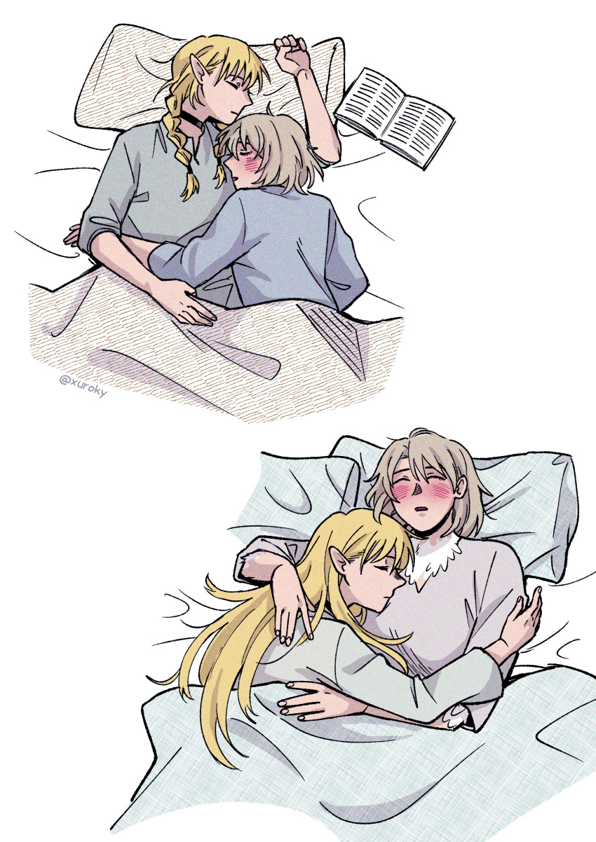 2girls absurdres bed black_choker blanket blonde_hair blush book braid choker closed_eyes closed_mouth dungeon_meshi falin_thorden falin_thorden_(tallman) feathers highres hug kkxuroky long_hair marcille_donato medium_hair multiple_girls on_bed pillow sleeping twin_braids under_covers yuri