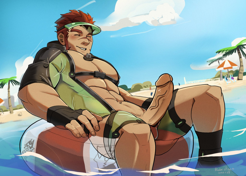 1boy abs akashi_(live_a_hero) akashi_(water_bullet)_(live_a_hero) bara baseball_cap beach bodysuit daco_choco day diving_suit erection facial_hair framed_pectorals goatee green_bodysuit green_male_swimwear hat highres hip_vent innertube large_pectorals live_a_hero male_focus male_swimwear muscular muscular_male official_alternate_costume pectorals penis red_eyes red_hair red_male_swimwear scar scar_on_face scar_on_nose short_hair sky smile solo swim_briefs swim_ring thick_eyebrows uncensored water wetsuit