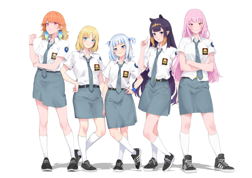 5girls absurdres belt black_belt black_eyes black_footwear blonde_hair blue_eyes blue_hair blunt_bangs blush breast_pocket breasts closed_mouth collared_shirt crossed_arms full_body gawr_gura gradient_hair grey_hair grey_necktie grey_skirt hand_on_own_hip highres hololive hololive_english holomyth indonesian_high_school_uniform kneehighs long_hair looking_at_viewer mori_calliope multicolored_hair multiple_girls necktie ninomae_ina'nis non-web_source orange_hair pencil_skirt pink_hair pocket pointy_ears purple_eyes purple_hair red_eyes reihan_(hanreh) school_emblem school_uniform shirt shoes sidelocks simple_background skirt smile sneakers socks standing streaked_hair takanashi_kiara two_side_up v very_long_hair virtual_youtuber watson_amelia white_background white_shirt white_socks