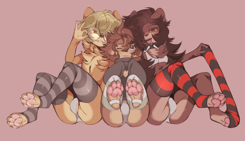 absurd_res clothing girly group hi_res legwear male mammal mega_moppa mustelid otter otterbay pawpads thigh_highs trio