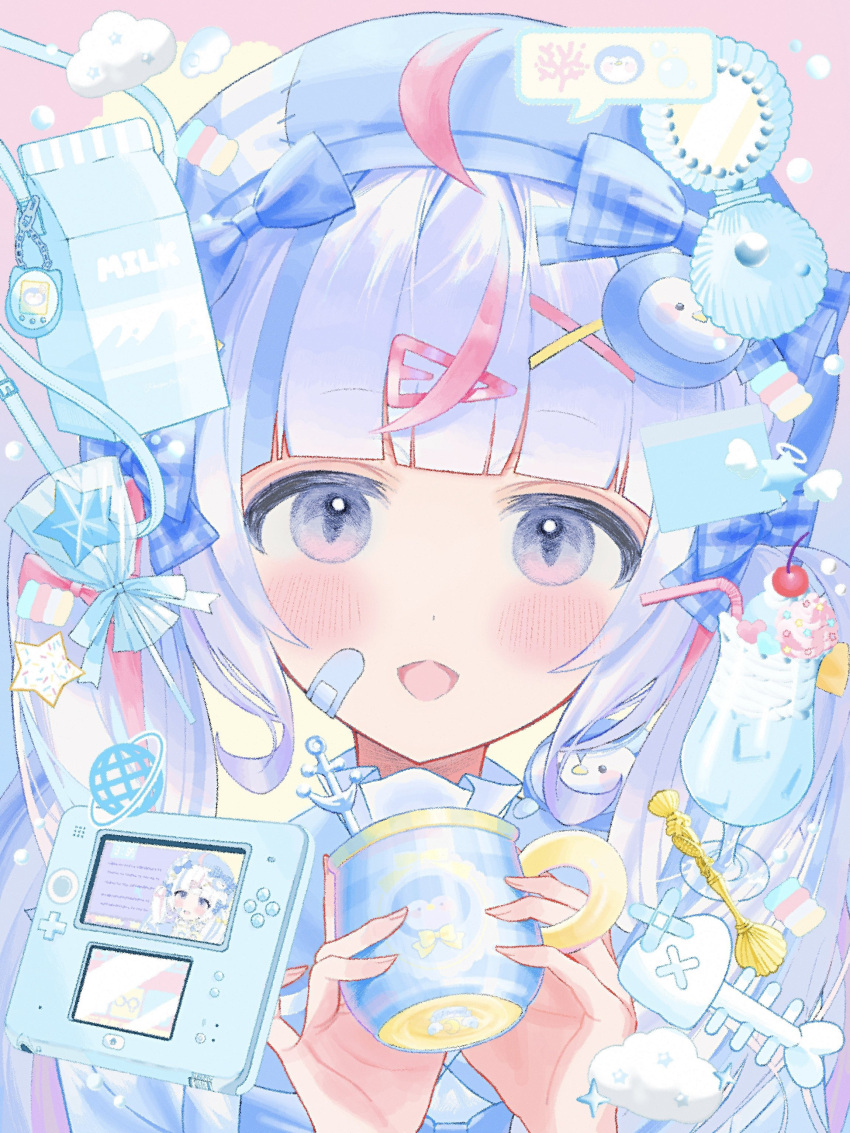 1girl :d absurdres ahoge anchor_symbol beret blue_hair blue_headwear blunt_bangs blush charm_(object) cloud commentary_request coral cup fish_bone food hair_ornament hairclip handheld_game_console hands_up hat highres holding holding_cup ice_cream ice_cream_float indie_virtual_youtuber long_hair looking_at_viewer milk_carton minho._(minh0_0o) mug multicolored_hair nintendo_2ds open_mouth pink_hair purple_eyes sango_(35sangosan)_(vtuber) smile solo speech_bubble streaked_hair twintails upper_body virtual_youtuber x_hair_ornament