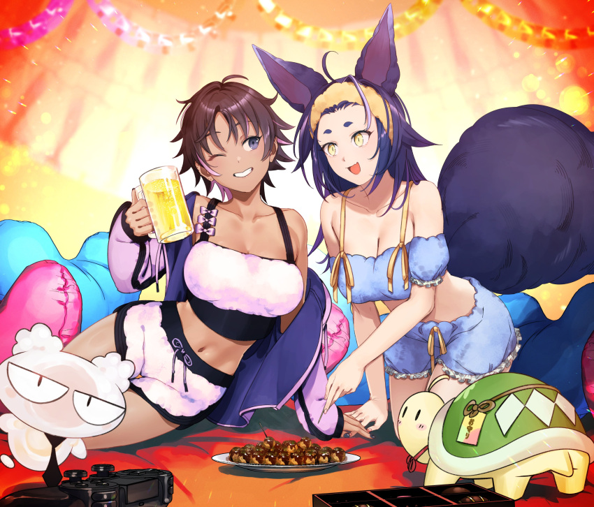 2girls absurdres ahoge animal_ears beer_mug black_nails bon_(vtuber) bow breasts brown_hair cleavage collarbone controller cup dark-skinned_female dark_skin food fox_ears fox_girl fox_tail game_controller grey_eyes highres holding holding_cup indie_virtual_youtuber jacket mae_hayami midriff mstm mug multicolored_hair multiple_girls navel one_eye_closed open_clothes open_jacket open_mouth pillow pink_bow pink_hair pink_jacket plate purple_hair second-party_source short_hair sleepwear smile streaked_hair tail takoyaki toothpick turtle virtual_youtuber yellow_eyes