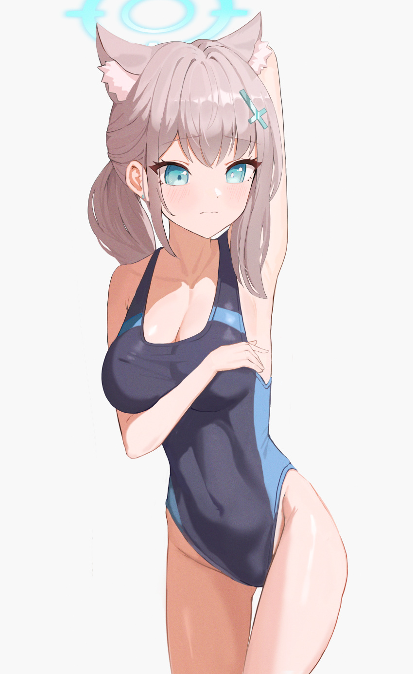 1girl absurdres animal_ear_fluff animal_ears arm_behind_head armpits black_one-piece_swimsuit blue_archive blue_eyes breasts competition_swimsuit covered_navel cross_hair_ornament extra_ears grey_hair hair_ornament halo highres low_ponytail medium_breasts medium_hair mismatched_pupils multicolored_clothes multicolored_swimsuit official_alternate_costume one-piece_swimsuit presenting_armpit shiroko_(blue_archive) shiroko_(swimsuit)_(blue_archive) simple_background solo swimsuit swoon_(swoonnoah) white_background wolf_ears