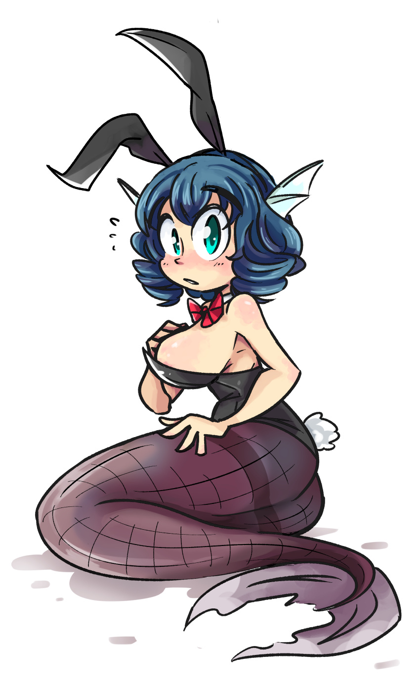 1girl absurdres animal_ears aqua_eyes areola_slip bare_shoulders black_leotard blue_hair blush bow bowtie breasts commentary detached_collar drill_hair drill_sidelocks english_commentary fake_animal_ears fins fishnet_pantyhose fishnets flying_sweatdrops from_side full_body head_fins highres large_breasts leotard looking_at_viewer lying mermaid monster_girl on_floor on_side pantyhose parted_lips peargor playboy_bunny puddle rabbit_ears rabbit_tail red_bow red_bowtie short_hair sideboob sidelocks simple_background solo tail touhou wakasagihime white_background