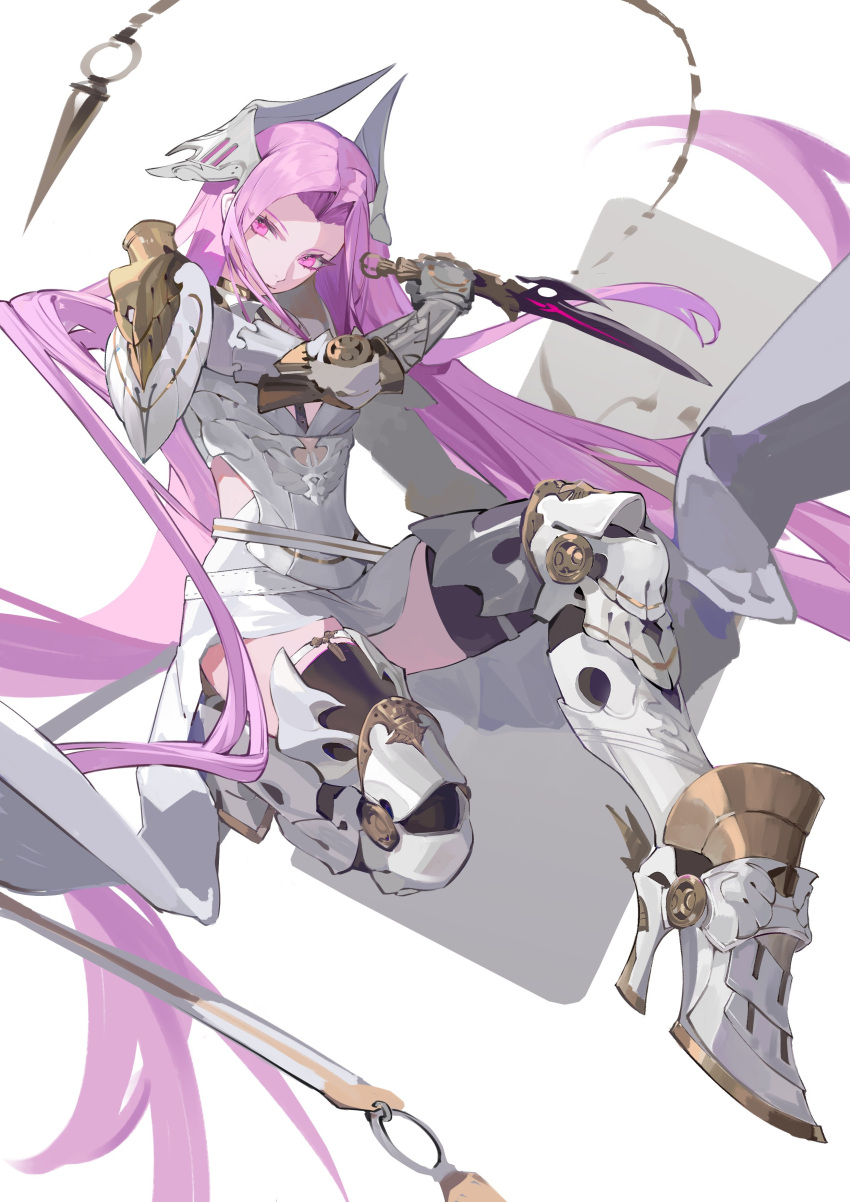 1girl absurdres armor bingansuan_jiamouren dagger fate/grand_order fate_(series) fighting_stance greaves hair_ornament high_heels highres holding holding_dagger holding_knife holding_weapon knife long_hair medusa_(fate) medusa_(saber)_(fate) miniskirt pauldrons pink_eyes pink_hair shoulder_armor simple_background skirt solo thighhighs very_long_hair weapon white_armor white_background zettai_ryouiki