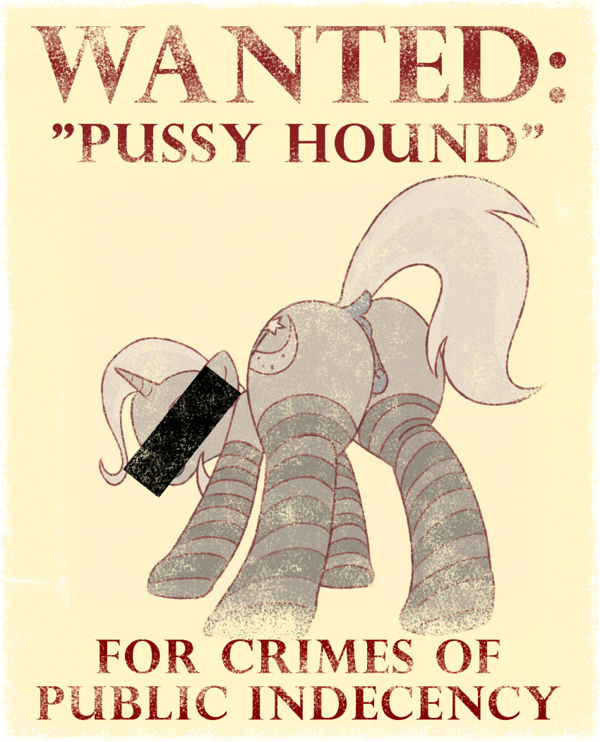 bordbrain butt censor_bar clothing equid equine female footwear friendship_is_magic genitals hasbro hi_res horn horse low-angle_view mammal my_little_pony mythological_creature mythological_equine mythology pony poster presenting pussy socks solo text trixie_(mlp) unicorn wanted_poster