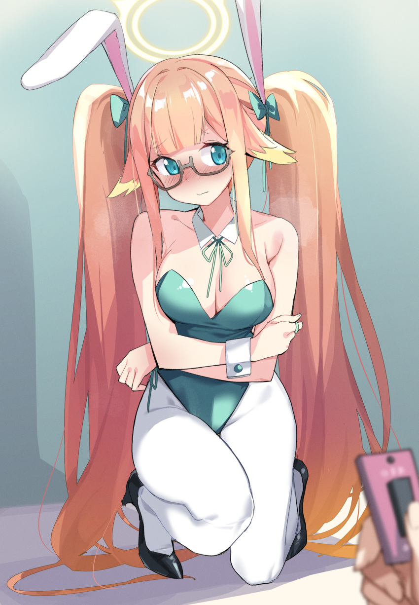 1girl 1other alternate_costume animal_ears bare_shoulders blue_archive blue_eyes blunt_bangs blush bow bowtie breasts clonatenshi crossed_arms detached_collar glasses gradient_hair green_leotard halo head_wings highres leotard long_hair looking_at_viewer medium_breasts multicolored_hair on_one_knee orange_hair pantyhose playboy_bunny rabbit_ears remote_control_vibrator sex_toy shimiko_(blue_archive) strapless strapless_leotard twintails very_long_hair vibrator wings wrist_cuffs