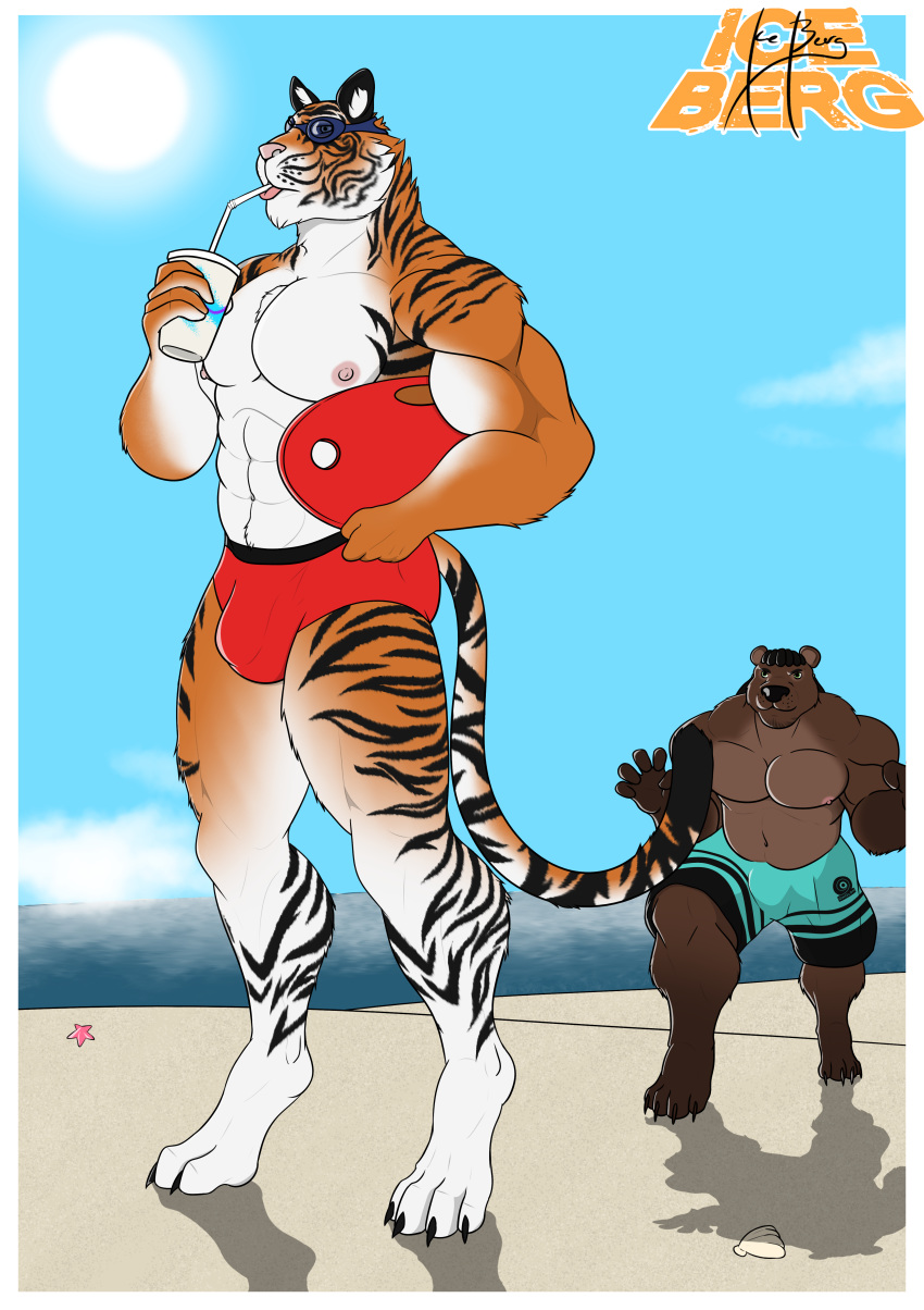 1ceberg absurd_res anthro beach boogie_board bulge claws clothing cloud dreadlocks drinking duo felid hi_res humanoid male male/male mammal milkshake muscular muscular_male nipples outside pantherine pecs sea seaside sneak_attack sneaking standing stripes swimming_goggles swimming_trunks swimwear tiger tongue tongue_out underwear ursid water