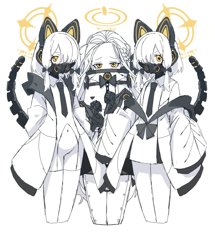 3girls animal_ear_headphones animal_ears blue_archive cat_ear_headphones cat_tail colored_skin cosplay dr_yamero ein_(blue_archive) ein_(blue_archive)_(cosplay) fake_animal_ears forehead hair_over_one_eye hair_tubes halo headphones highres long_hair midori_(blue_archive) momoi_(blue_archive) multiple_girls navel ohr_(blue_archive) ohr_(blue_archive)_(cosplay) short_hair simple_background sof_(blue_archive) sof_(blue_archive)_(cosplay) tail white_background white_hair white_skin yellow_eyes yuzu_(blue_archive)