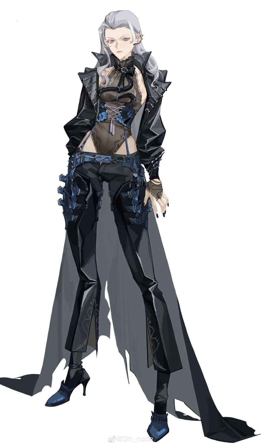 1girl absurdres blue_eyes breasts closed_mouth coat devil_may_cry_(series) devil_may_cry_3 fingerless_gloves genderswap genderswap_(mtf) gloves hair_slicked_back highres holding long_hair looking_at_viewer pale_skin sin_node small_breasts smile solo vergil_(devil_may_cry) white_hair