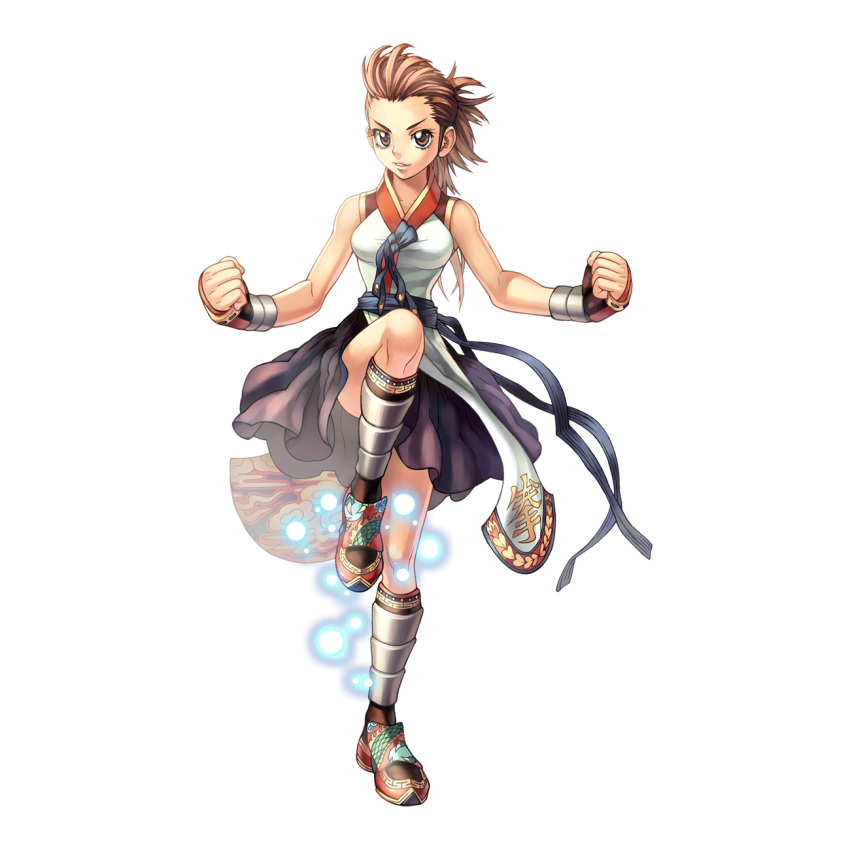 1girl 2000s_(style) belt black_belt black_skirt black_socks breasts brown_eyes brown_hair clenched_hands energy_ball fighting_stance full_body highres looking_at_viewer magic medium_breasts medium_hair myung-jin_lee official_art parted_lips ragnarok_online red_footwear shin_guards shirt shoes simple_background skirt sleeveless sleeveless_shirt smile socks solo standing standing_on_one_leg star_gladiator_(ragnarok_online) tachi-e transparent_background v-shaped_eyebrows white_shirt