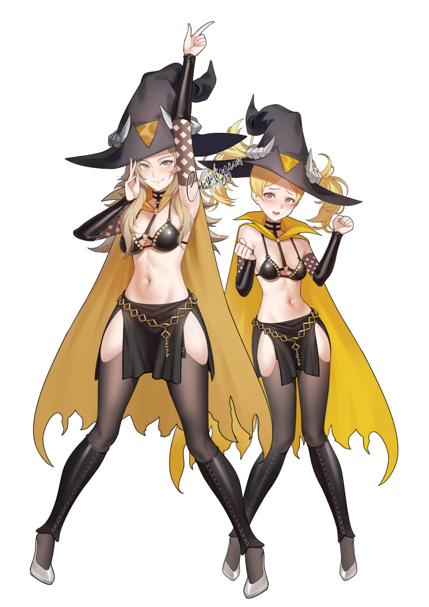 2girls blonde_hair breasts commission cosplay detached_sleeves fire_emblem fire_emblem_awakening fire_emblem_fates grandmother_and_granddaughter hat high_heels highres lissa_(fire_emblem) long_hair medium_breasts multiple_girls ophelia_(fire_emblem) shizuko_hideyoshi small_breasts thighhighs twintails unicorn_overlord witch_hat yahna yahna_(cosplay)