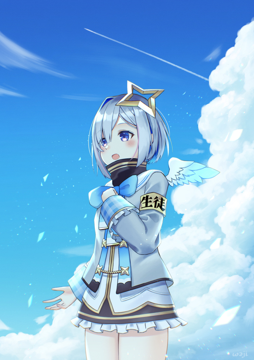 1girl absurdres amane_kanata amane_kanata_(1st_costume) angel_wings apple_(zdj0266) armband asymmetrical_bangs asymmetrical_hair black_skirt blue_bow blue_bowtie blue_hair blue_sky blue_wings blush bob_cut bow bowtie cloud cloudy_sky colored_inner_hair commentary contrail cowboy_shot day feathered_wings frilled_skirt frills gradient_wings grey_hair grey_jacket halo hand_on_own_chest highres hololive jacket long_sleeves mini_wings miniskirt multicolored_hair multicolored_wings open_mouth outdoors pink_hair purple_eyes sailor_collar short_hair sidelocks single_hair_intake skirt sky sleeve_cuffs solo standing star_halo streaked_hair virtual_youtuber white_sailor_collar white_wings wings yellow_armband