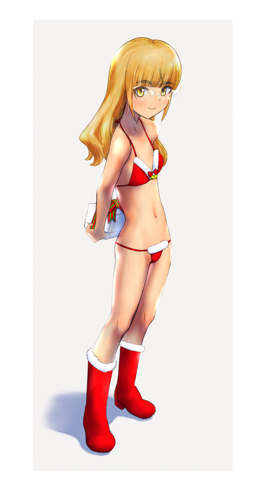 1girl bikini blonde_hair blush boots breasts christmas christmas_present closed_mouth full_body gift glasses highres looking_at_viewer navel perrine_h._clostermann santa_bikini shiri_chin short_hair simple_background small_breasts smile solo strike_witches swimsuit white_background world_witches_series yellow_eyes