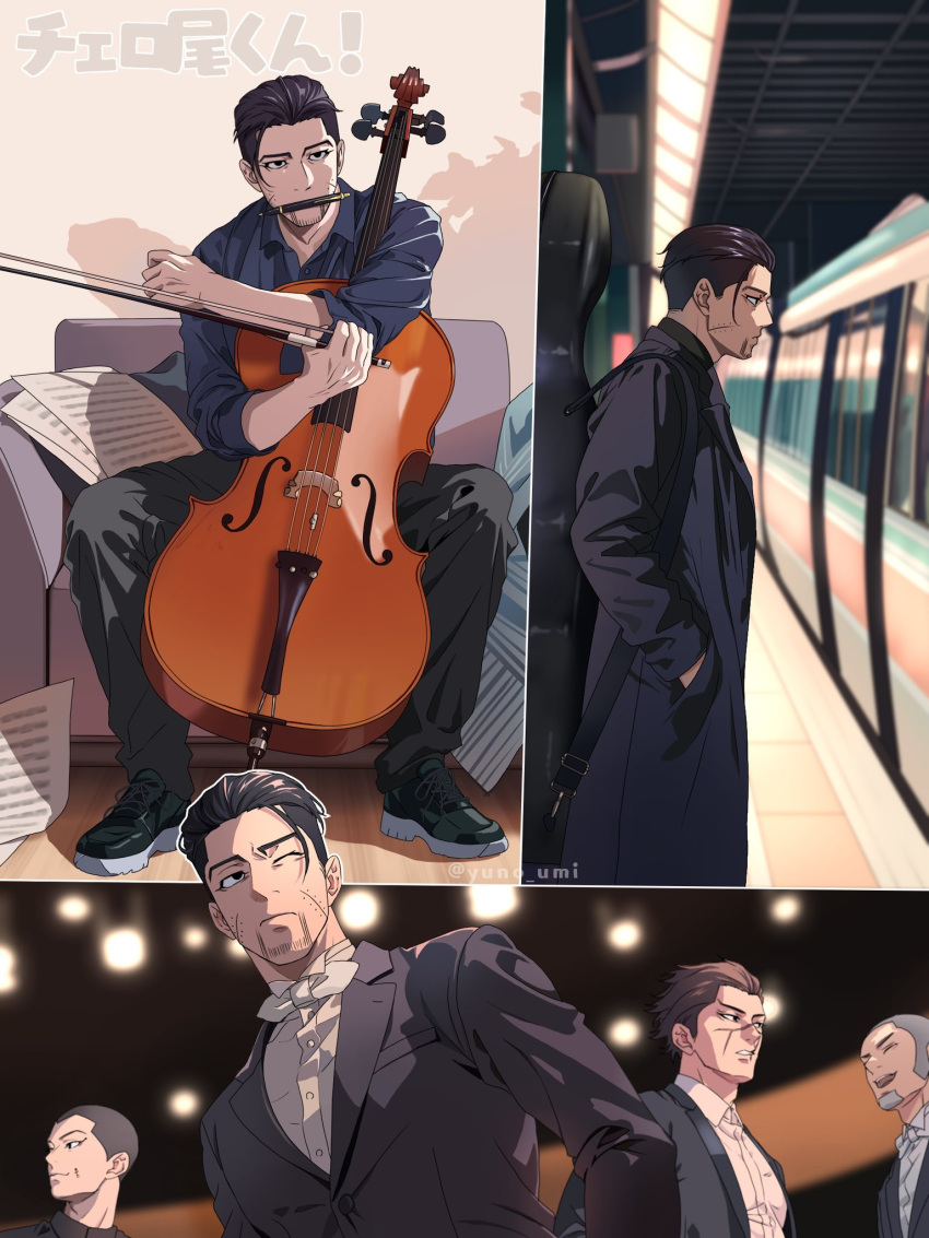 4boys beard black_footwear black_hair black_jacket black_pants blue_shirt bow_(music) brown_hair cello chair collared_shirt facial_hair formal goatee golden_kamuy grey_hair hair_slicked_back hands_in_pockets highres holding holding_bow_(music) holding_instrument instrument jacket long_sleeves looking_at_viewer male_focus mouth_hold multiple_boys multiple_views ogata_hyakunosuke one_eye_closed pants papers pen profile sheet_music shiraishi_yoshitake shirt shoes sitting sneakers sugimoto_saichi suit_jacket train train_station undercut usami_tokishige washiko_(rasuko) white_shirt