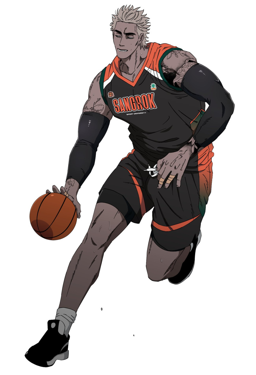 1boy ball balnom bara bare_shoulders basketball basketball_(object) basketball_uniform dark-skinned_male dark_skin detached_sleeves full_body highres holding holding_ball leggings_under_shorts light_brown_hair looking_to_the_side male_focus muscular muscular_male original playing_sports running shoes shorts sneakers solo sportswear tachi-e thick_eyebrows very_dark_skin