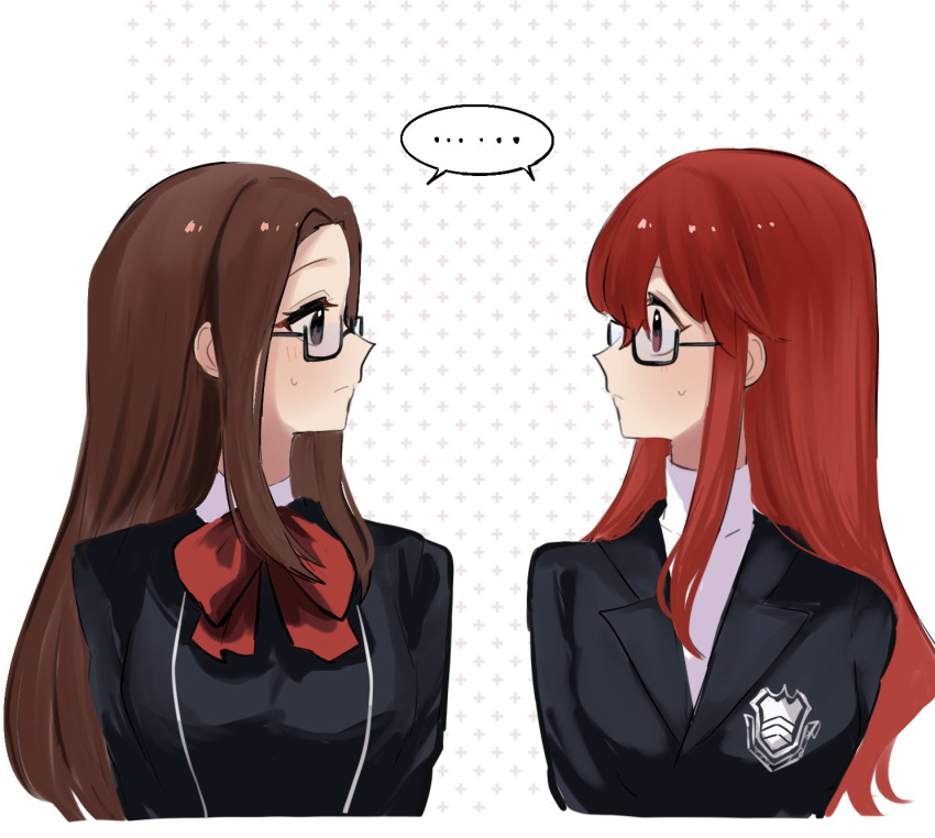 ... 2girls 710_ao black-framed_eyewear black_jacket blush bow bowtie breasts brown_eyes closed_mouth commentary_request fushimi_chihiro gekkoukan_high_school_uniform glasses highres jacket long_hair looking_at_another looking_to_the_side medium_breasts multiple_girls parted_bangs persona persona_3 persona_3_reload persona_5 persona_5_the_royal profile red_bow red_bowtie red_eyes red_hair school_uniform shuujin_academy_school_uniform sidelocks speech_bubble sweatdrop sweater turtleneck turtleneck_sweater upper_body white_sweater yoshizawa_kasumi