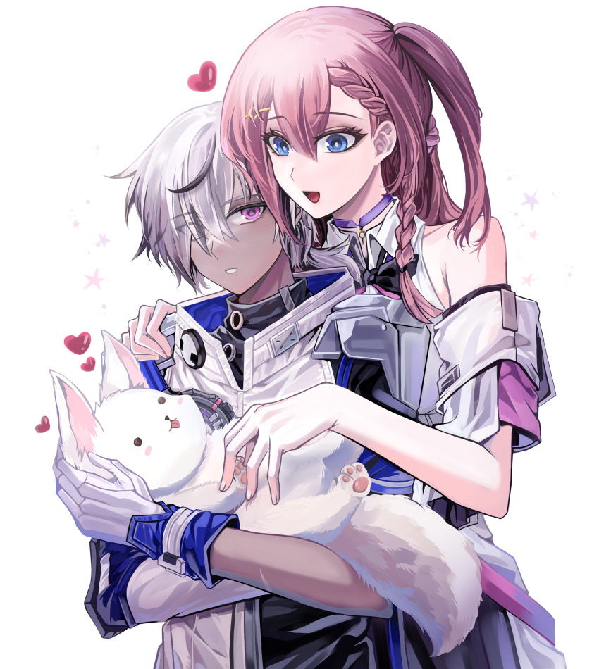 1boy 1girl arlan_(honkai:_star_rail) armpits asta_(honkai:_star_rail) bbing blue_eyes braid couple dark-skinned_male dark_skin detached_sleeves dog gloves hair_ornament hair_over_one_eye hairpin heart height_difference hetero highres honkai:_star_rail honkai_(series) open_mouth peppy_(honkai:_star_rail) pink_eyes pink_hair short_hair simple_background single_braid upper_body white_background white_dog white_gloves white_hair