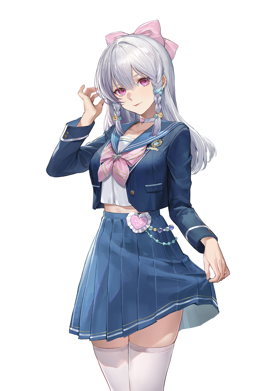 1girl adjusting_hair aqua_ribbon blazer blue_jacket blue_sailor_collar blue_skirt bow braided_sidelock choker closed_mouth cowboy_shot gui_mi hair_between_eyes hair_bow hair_ribbon hand_up heart heart-shaped_ornament heart_choker high-waist_skirt highres jacket lapels lian_(vtuber) long_hair long_sleeves looking_at_viewer midriff miniskirt neckerchief official_art open_clothes open_jacket pink_bow pink_eyes pink_neckerchief pleated_skirt ribbon sailor_collar school_uniform shirt sixiwanzi skindentation skirt skirt_hold smile solo thighhighs virtual_youtuber white_background white_choker white_hair white_shirt white_thighhighs zettai_ryouiki