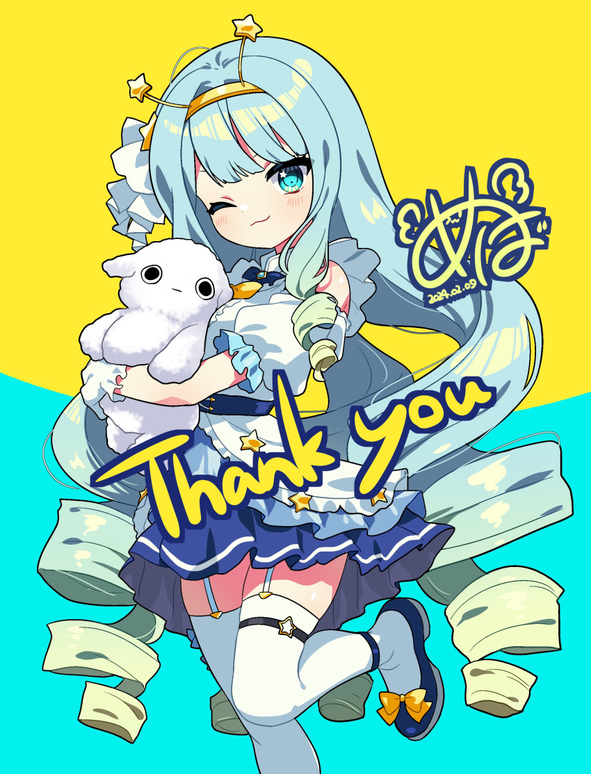 1girl absurdres aqua_hair blue_bow blue_footwear blue_skirt blunt_bangs bow brooch commission cropped_legs curly_hair detached_sleeves frilled_shirt frilled_skirt frills gloves gradient_hair green_hair hair_ornament headband highres idol_clothes jelly_hoshiumi jewelry long_hair looking_at_viewer multicolored_hair one_eye_closed phase_connect puffy_detached_sleeves puffy_short_sleeves puffy_sleeves ryo_(0626kk) sheep shirt short_sleeves sidelocks simple_background skeb_commission skirt stuffed_animal stuffed_toy thighhighs two-tone_hair very_long_hair virtual_youtuber white_gloves white_shirt white_thighhighs yellow_bow yellow_headband
