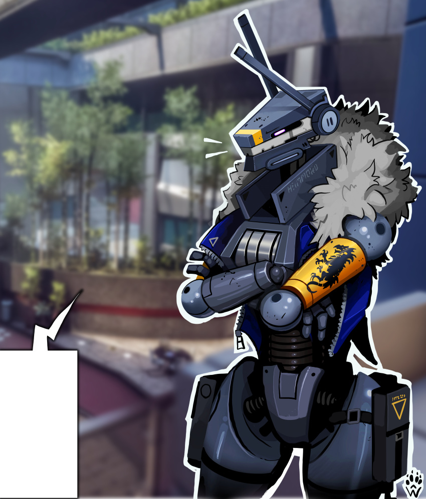 absurdres blank_speech_bubble blue_jacket blurry blurry_background clothed_robot crossed_arms fur-trimmed_jacket fur_trim game_screenshot_background highres humanoid_robot jacket looking_ahead purple_eyes robot spectre_(titanfall) speech_bubble thigh_strap titanfall_(series) titanfall_2 wolfdawg_art