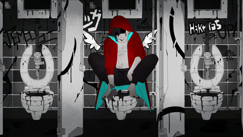 1boy absurdres alternate_costume banzoin_hakka barefoot bead_bracelet beads black_nails bracelet claws earrings english_commentary english_text feather_earrings feathers full_body graffiti highres hiropon_(owo_hiropon) holostars holostars_english hood hood_up hoodie jewelry long_hair male_focus monochrome_background navel on_toilet open_clothes open_hoodie pants partially_shaded_face ponytail red_hoodie solo spot_color squatting sweatpants toilet virtual_youtuber