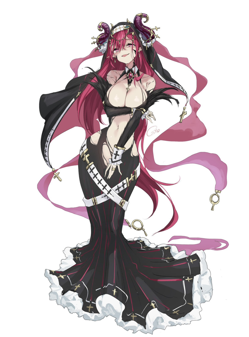 1girl bare_shoulders black_dress breasts cleavage coif demon_girl demon_horns detached_collar detached_sleeves dress earrings facial_mark full_body habit hair_between_eyes highres hobble_dress horn_ornament horns huge_breasts jewelry long_hair long_sleeves looking_at_viewer navel nun open_mouth original osisio pointy_ears red_eyes red_hair ring simple_background solo torn_clothes torn_dress very_long_hair white_background