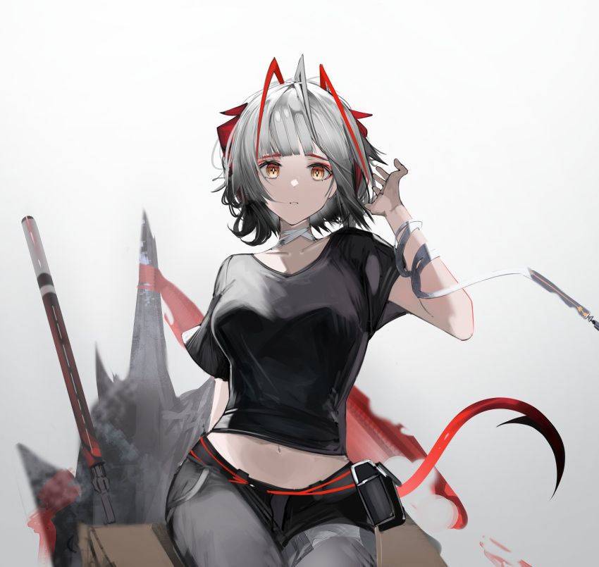 1girl absurdres antennae arknights black_shirt black_shorts commentary eugle_na gradient_background grey_background grey_hair grey_pantyhose highres horns midriff navel official_alternate_costume pantyhose pouch shirt short_hair short_shorts short_sleeves shorts solo tail w_(arknights) w_(fugue)_(arknights) yellow_eyes
