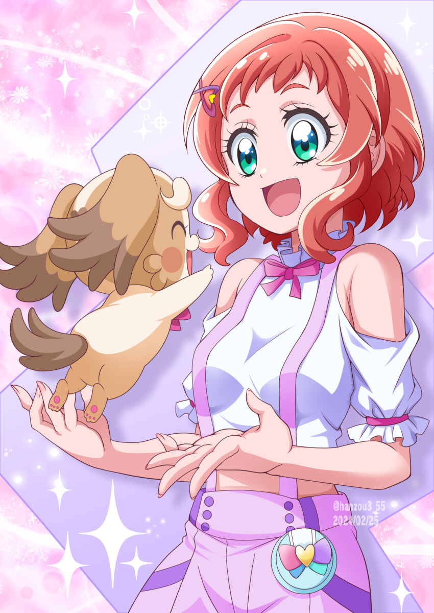 1girl clothing_cutout commentary dated dog frilled_shirt frills green_eyes hair_ornament hairclip hanzou high_collar highres inukai_iroha inukai_komugi inukai_komugi_(dog) medium_hair midriff neck_ribbon open_mouth pink_ribbon pouch precure purple_shorts red_hair ribbon shirt short_sleeves shorts shoulder_cutout smile solo sparkle standing suspender_shorts suspenders twitter_username white_shirt wonderful_precure!