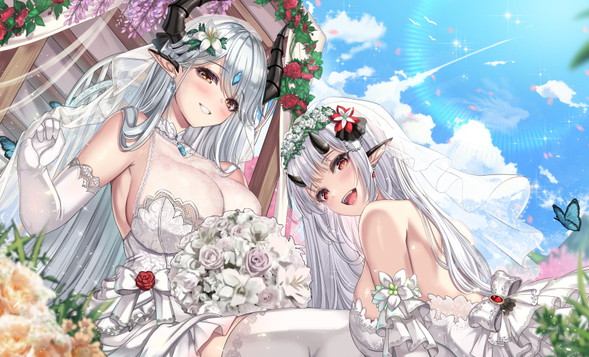 2girls bare_shoulders black_horns blush bouquet breasts bridal_veil cenangam day dress elbow_gloves epic_seven gloves grey_hair highres horns large_breasts long_hair looking_at_viewer luna_(epic_seven) multiple_girls open_mouth outdoors parted_lips pointy_ears red_eyes smile teeth thighhighs veil wedding_dress white_dress white_gloves white_thighhighs yellow_eyes yufine_(epic_seven)
