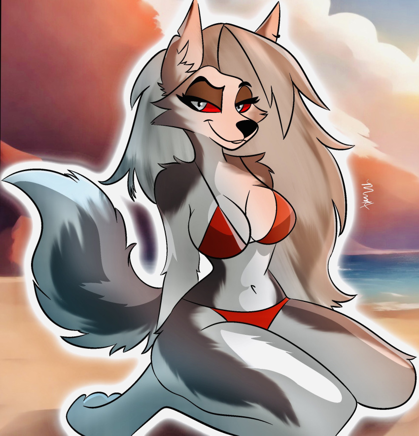 anthro arm_tuft beach bikini breasts canid canid_demon canine clothing demon eyebrows eyelashes female fur grey_body grey_fur hair hellhound helluva_boss heluvabadartist hi_res kneeling long_hair looking_at_viewer loona_(helluva_boss) mammal mythological_canine mythological_creature mythology outside red_bikini red_clothing red_sclera red_swimwear shoulder_tuft smile solo swimwear tuft white_body white_eyes white_fur white_hair