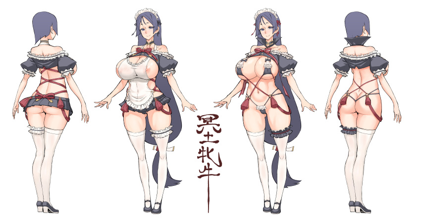 1girl absurdres alternate_costume apron areola_slip areolae ass back bai_linqin bare_shoulders bikini black_bikini breasts character_sheet cleavage enmaided fate/grand_order fate_(series) high_heels highres large_breasts long_hair looking_at_viewer maid maid_headdress minamoto_no_raikou_(fate/grand_order) navel nipple_slip nipples puffy_sleeves purple_eyes purple_hair short_hair smile swimsuit thighhighs white_legwear