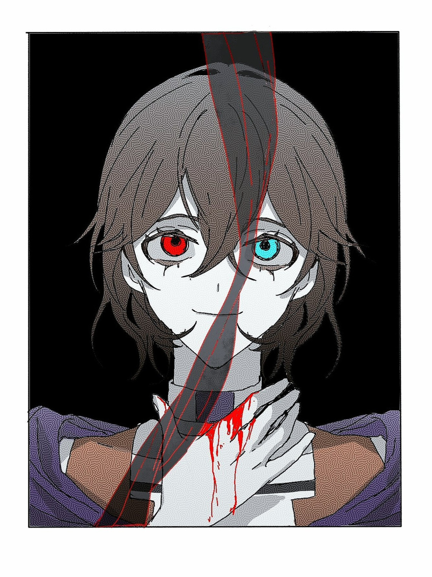 1other androgynous bare_shoulders black_background blood blood_on_hands blue_eyes border brown_hair choker commentary eyelashes hair_between_eyes hand_on_own_neck hashtag_only_commentary heterochromia highres jacket kuzu_suzumi len'en looking_at_viewer no_headwear orange_jacket other_focus purple_scarf red_eyes scarf shirt shizai_tai_1le short_hair simple_background sleeveless sleeveless_jacket solo upper_body white_border white_choker white_shirt