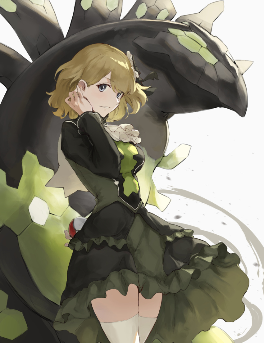 1girl 1other blonde_hair dress green_dress grey_eyes highres jojobirdz looking_at_viewer medium_hair official_alternate_costume pokemon pokemon_(creature) pokemon_legends:_z-a pokemon_masters_ex serena_(pokemon) serena_(sygna_suit)_(pokemon) short_hair simple_background skirt thighhighs white_background white_thighhighs zygarde zygarde_core