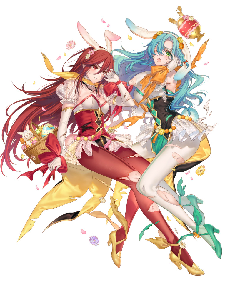 2girls animal_ears animal_hat aqua_footwear aqua_hair artist_request basket braid breasts chloe_(fire_emblem) cleavage clenched_teeth damaged detached_sleeves fake_animal_ears fire_emblem fire_emblem_awakening fire_emblem_engage fire_emblem_heroes gloves green_eyes hat high_heels highres leotard long_hair long_sleeves medium_breasts multiple_girls non-web_source official_art one_eye_closed open_mouth pantyhose playboy_bunny puffy_short_sleeves puffy_sleeves rabbit_ears rabbit_hat red_eyes red_hair red_pantyhose severa_(fire_emblem) short_sleeves simple_background single_braid small_breasts teeth torn_cloth torn_clothes torn_pantyhose very_long_hair white_background white_gloves white_pantyhose yellow_footwear