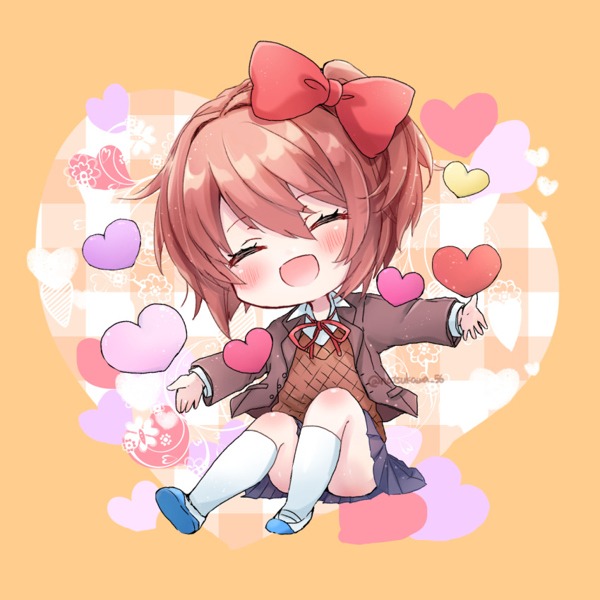1girl :d ^_^ bangs blue_sky blush bow chibi closed_eyes commentary doki_doki_literature_club eyebrows_visible_through_hair facing_viewer hair_between_eyes hair_bow heart highres jacket kneehighs open_clothes open_jacket open_mouth outstretched_arms pink_hair pleated_skirt red_bow sayori_(doki_doki_literature_club) school_uniform short_hair skirt sky smile solo spread_arms touko_56 twitter_username white_legwear