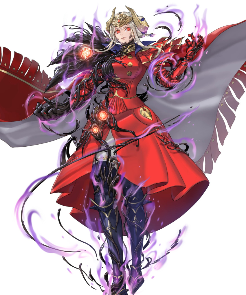 1girl armor aura cape corruption crest crown dark_aura dress edelgard_von_hresvelg_(hegemon_husk) fake_horns fire_emblem fire_emblem:_three_houses fire_emblem_heroes gauntlets greaves highres horns looking_at_viewer non-web_source red_cape red_dress red_eyes solo tachi-e white_hair