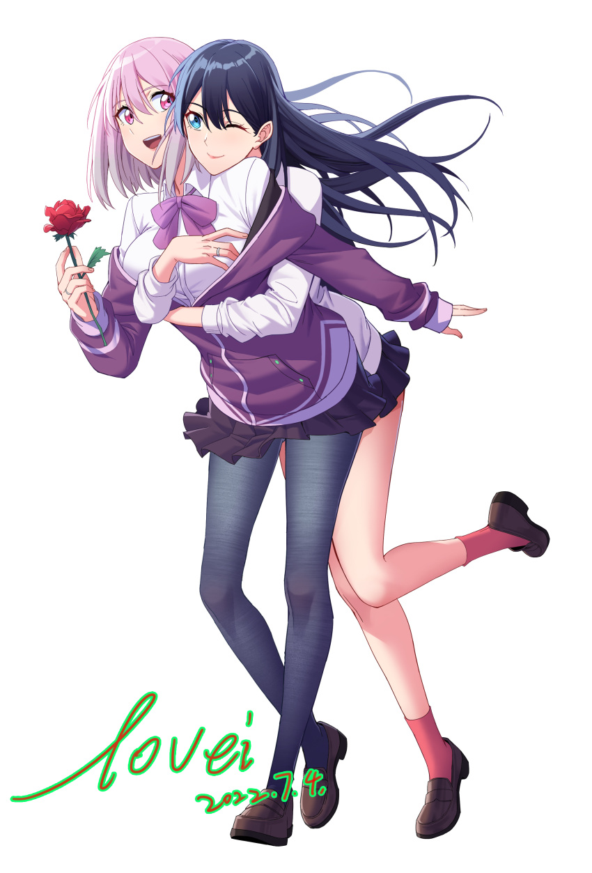 2girls absurdres black_hair black_pantyhose black_skirt bow bowtie breasts brown_footwear closed_mouth collared_shirt commentary_request dated dress_shirt floating_hair flower full_body gridman_universe hair_between_eyes highres holding holding_flower hug hug_from_behind jacket jovei large_breasts loafers long_hair long_sleeves multiple_girls off_shoulder one_eye_closed open_mouth pantyhose partially_unzipped pink_hair pink_socks pleated_skirt purple_bow purple_bowtie purple_jacket red_flower red_rose rose shinjou_akane shirt shoes short_hair sidelocks simple_background skirt sleeves_past_wrists socks ssss.gridman takarada_rikka teeth upper_teeth_only white_background white_jacket white_shirt yuri