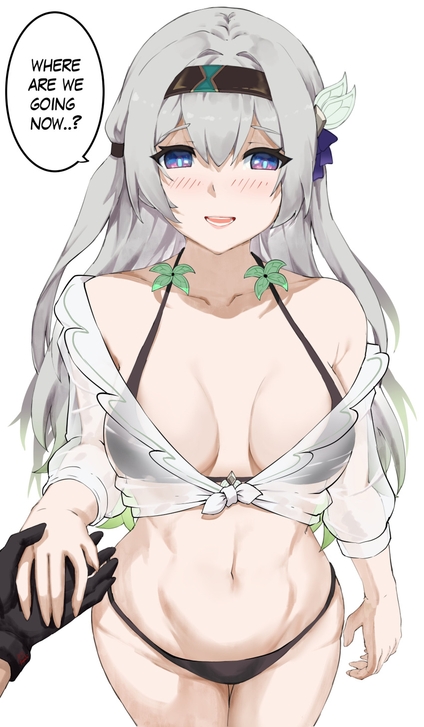 1girl 1other :d absurdres bare_shoulders bikini black_bikini black_gloves black_hairband breasts cleavage commentary_request cowboy_shot firefly_(honkai:_star_rail) gloves grey_hair hairband highres honkai:_star_rail honkai_(series) kagurachi long_hair long_sleeves looking_at_viewer medium_breasts navel off_shoulder open_mouth purple_eyes shirt simple_background smile solo_focus speech_bubble standing stomach swimsuit thighs tied_shirt trailblazer_(honkai:_star_rail) two_side_up white_background white_shirt