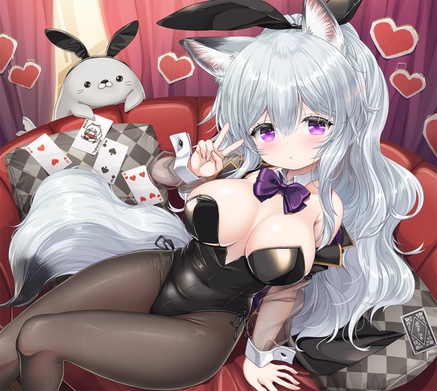 1girl animal_ear_fluff animal_ears arm_up bare_shoulders black_jacket black_leotard black_pantyhose bow bowtie breasts card couch covered_navel curtains detached_collar expressionless fake_animal_ears fox_ears fox_girl fox_tail heart highleg highleg_leotard jacket kei_kei large_breasts leotard long_hair looking_at_viewer off_shoulder original pantyhose pillow playboy_bunny playing_card purple_bow purple_bowtie purple_eyes rabbit_ears sitting strapless strapless_leotard tail thighs v very_long_hair white_hair wrist_cuffs