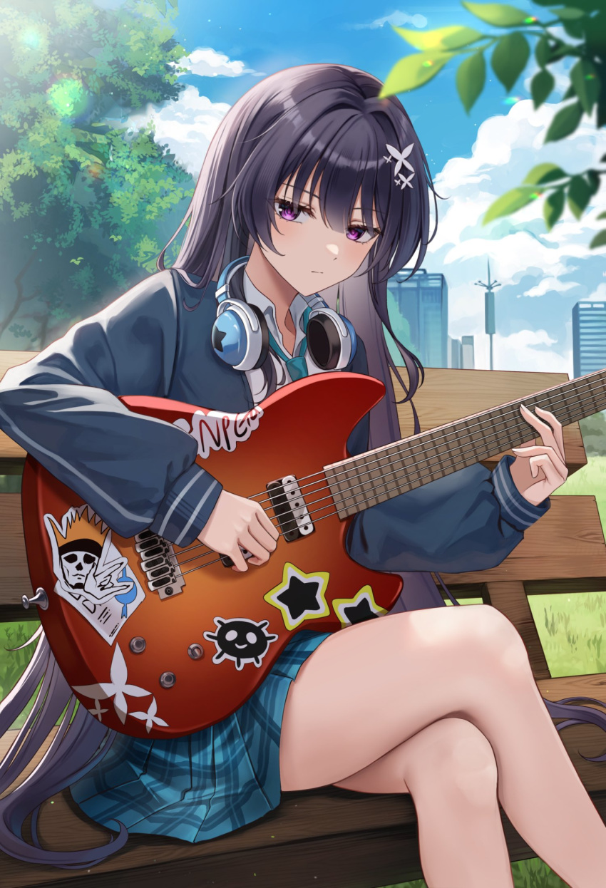 1girl aqua_necktie black_hair blue_jacket blue_skirt blue_sky blush building cloud cloudy_sky collared_shirt counter:side crossed_legs day expressionless grass hair_intakes hair_ornament headphones headphones_around_neck highres jacket jin_bora_(counter:side) long_hair long_sleeves looking_at_viewer miniskirt necktie on_bench outdoors plaid plaid_skirt playing_guitar pleated_skirt pora_0918 purple_eyes shirt sitting skirt sky skyscraper solo star_(symbol) sticker straight_hair tree very_long_hair white_shirt wooden_bench