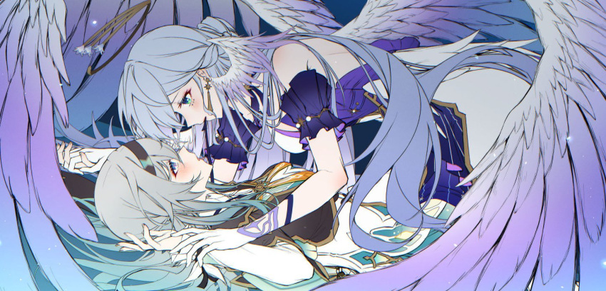 2girls all_fours backless_dress backless_outfit black_hairband black_jacket blue_dress blue_eyes blue_hair blush dress earrings eye_contact face-to-face feathered_wings firefly_(honkai:_star_rail) from_side girl_on_top grey_hair hairband halo holding_another's_wrist honkai:_star_rail honkai_(series) jacket jewelry long_hair looking_at_another lying multiple_girls neckerchief on_back orange_neckerchief profile purple_wings restrained robin_(honkai:_star_rail) sieka_(piiroinardesco) wings yuri