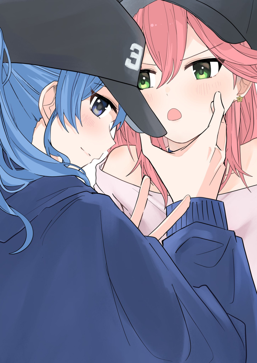 2girls alternate_costume ao_(aoi_over) bare_shoulders baseball_cap black_headwear blue_eyes blue_hair blue_hoodie blush check_commentary closed_mouth commentary_request earrings green_eyes hair_between_eyes hand_on_another's_face hat highres hololive hood hood_down hoodie hoshimachi_suisei jewelry light_smile long_hair long_sleeves looking_at_another looking_at_viewer looking_back multiple_girls open_mouth pink_hair profile sakura_miko smile star_(symbol) star_earrings star_in_eye symbol_in_eye upper_body v v-shaped_eyebrows virtual_youtuber yuri