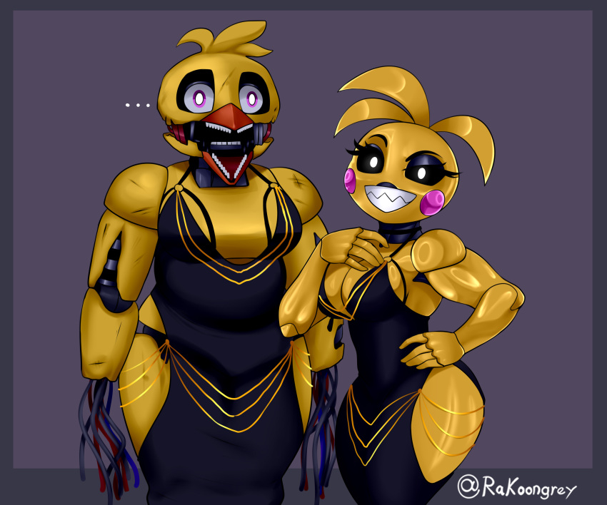 6:5 absurd_res animatronic anthro avian bird chicken clothing dress duo e4hargus eyelashes female five_nights_at_freddy's five_nights_at_freddy's_2 galliform gallus_(genus) hi_res looking_at_viewer machine phasianid purple_eyes robot scottgames sharp_teeth teeth toy_chica_(fnaf) wire withered_chica_(fnaf)