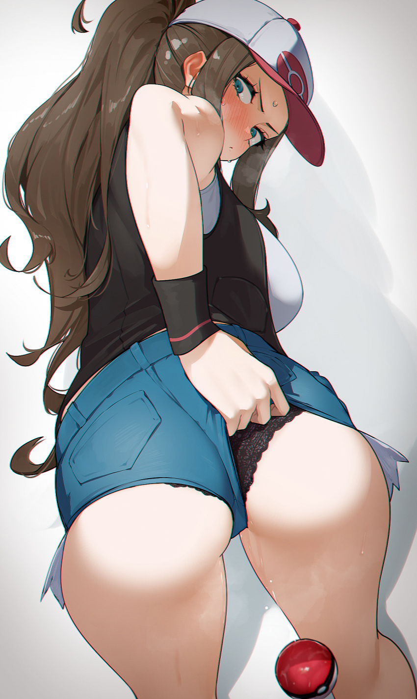 1girl ass bare_shoulders baseball_cap black_vest blue_eyes blush breasts denim denim_shorts hat high_ponytail highres hilda_(pokemon) kashu_(hizake) large_breasts long_hair looking_at_viewer looking_back poke_ball poke_ball_(basic) pokemon pokemon_bw shorts solo thighs vest wristband