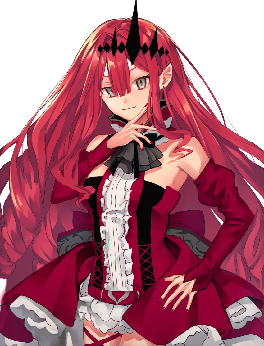 1girl baobhan_sith_(fate) baobhan_sith_(first_ascension)_(fate) bare_shoulders breasts closed_mouth detached_sleeves dress earrings fang fate/grand_order fate_(series) frilled_dress frills grey_eyes hair_ornament hand_on_own_hip hand_up highres jewelry looking_at_viewer nail_polish pointy_ears red_dress red_hair red_nails sidelocks skin_fang solo tamago_(tamago999q) white_background