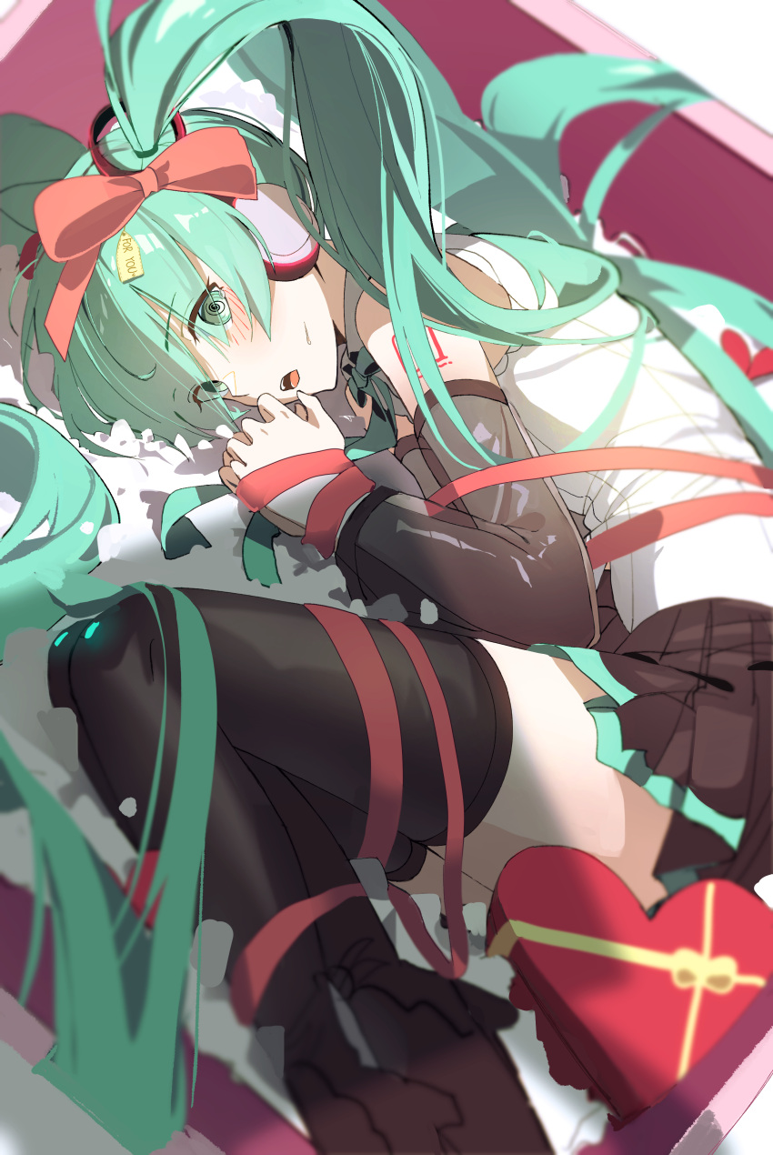 1girl @_@ absurdres aqua_eyes aqua_hair black_skirt black_sleeves black_thighhighs bound bow box commentary_request detached_sleeves gift gift_box gift_tag hatsune_miku heart-shaped_box highres hya_ro long_hair looking_at_viewer necktie number_tattoo open_mouth pleated_skirt red_bow red_ribbon ribbon ribbon_bondage shirt skirt sleeveless sleeveless_shirt solo tattoo thighhighs twintails valentine very_long_hair vocaloid white_shirt zettai_ryouiki