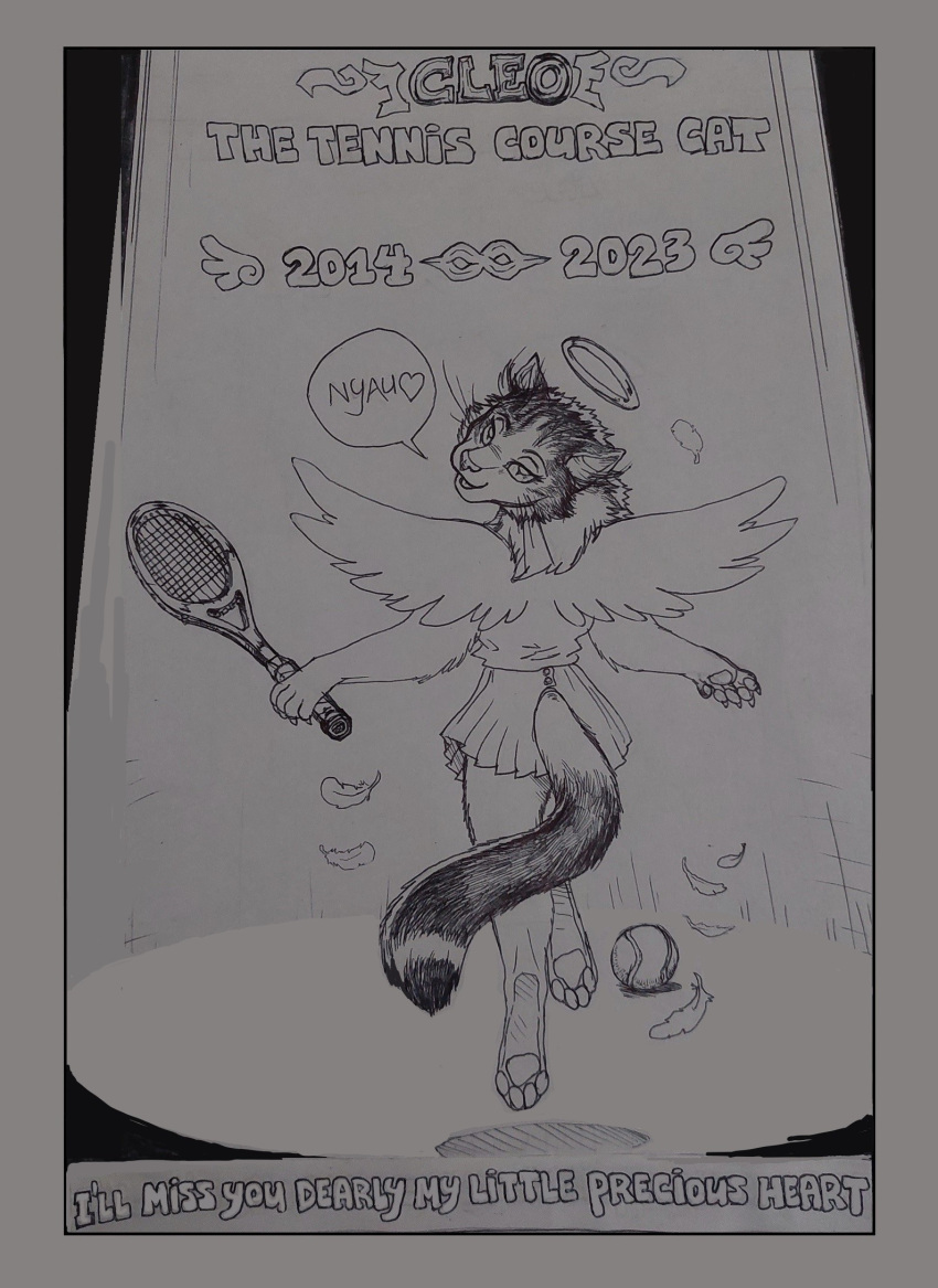 5_fingers angel anthro ball biped claws clothed clothing domestic_cat english_text feathered_wings feathers felid feline felis female fingers fur halo hi_res holding_tennis_racket mammal mariano monochrome pawpads paws solo speech_bubble tail tennis_ball tennis_racket text whiskers wings